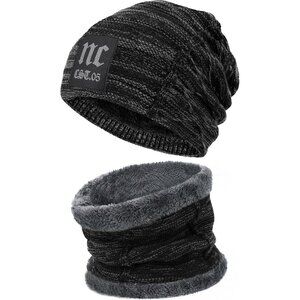 🆕 Men Black Fleece Lined Winter Cap Beanie Scarf Set Knit Neck Warmer Nice Hat